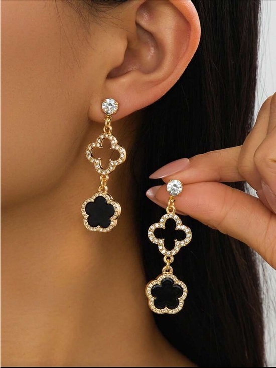 Jewelry - Gold-Plated Black Drop Clover Earrings